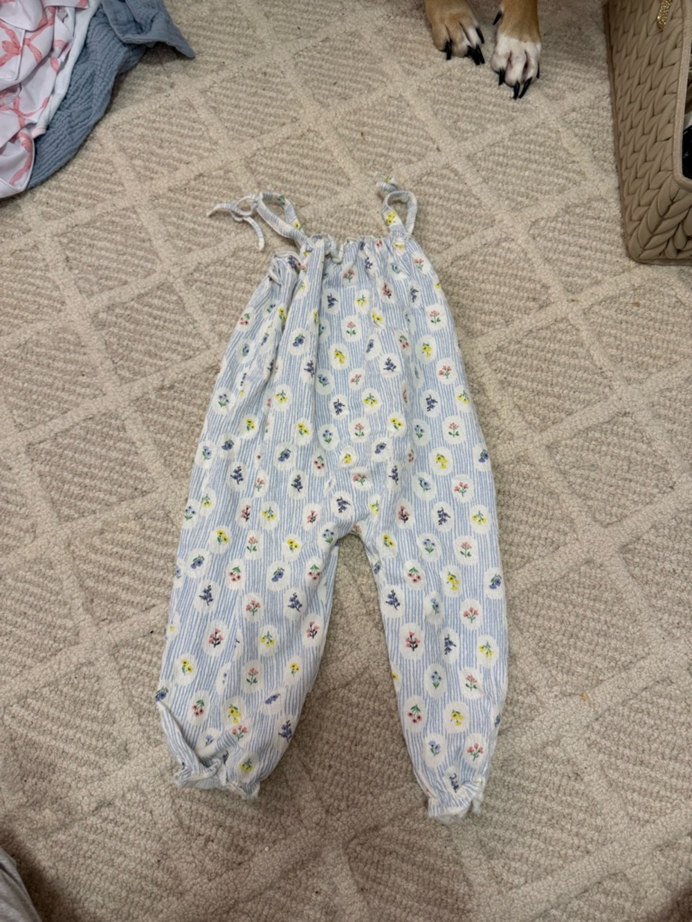 H&M Baby Girls Blue Floral Stripe Tie-Shoulder Jumpsuit